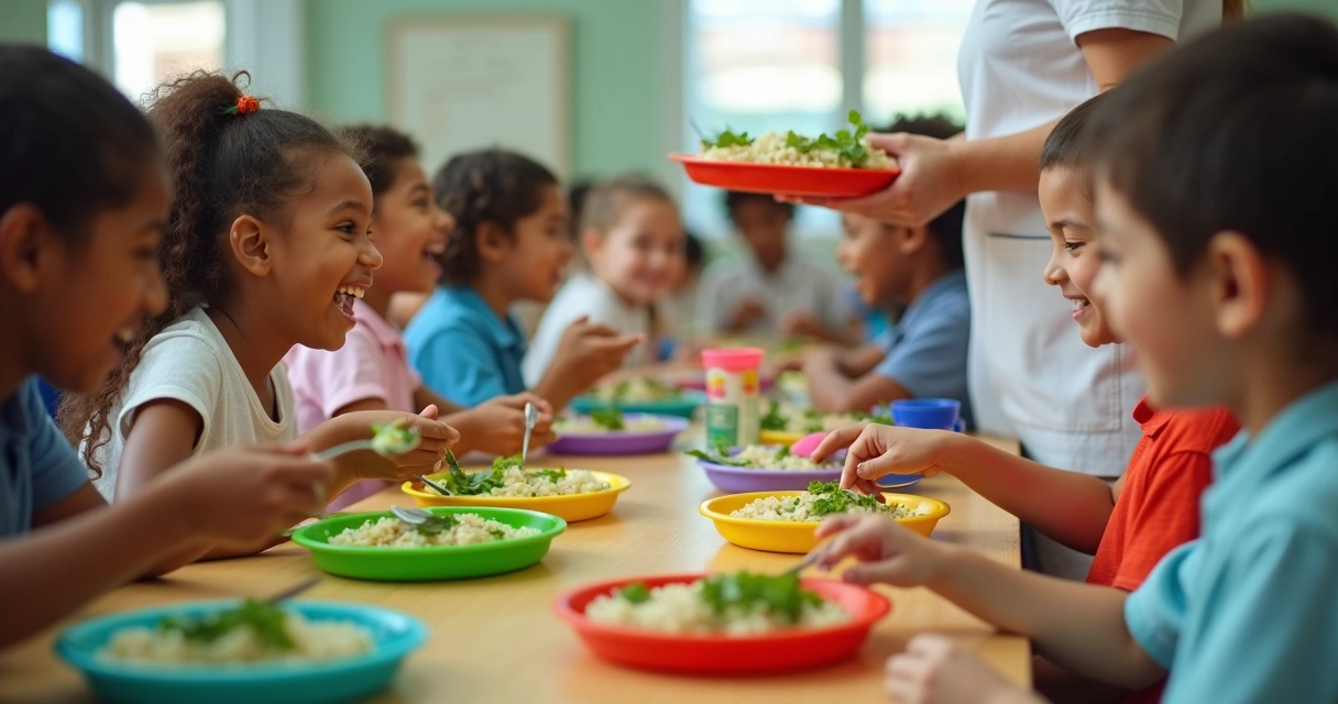 Crianças comendo refeição escolar com moringa