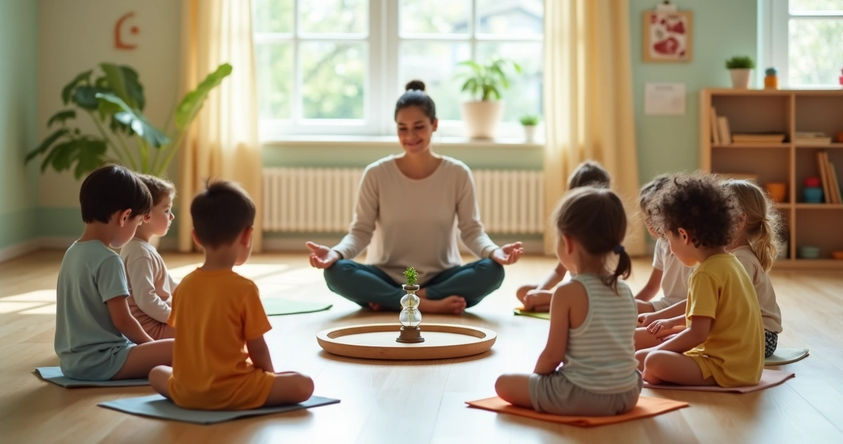 Crianças sentadas em roda praticando mindfulness na sala de aula 