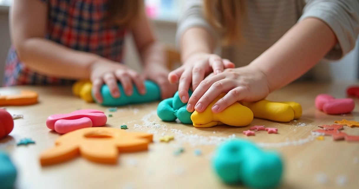 Duas crianças modelando massinha colorida em mesa de madeira clara