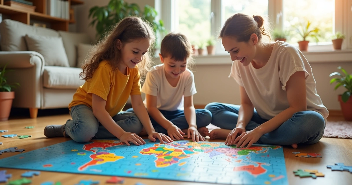 Crianças e adultos montando grande quebra-cabeça colorido 