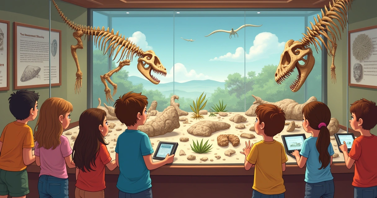 Crianças observando fósseis em vitrine de museu 