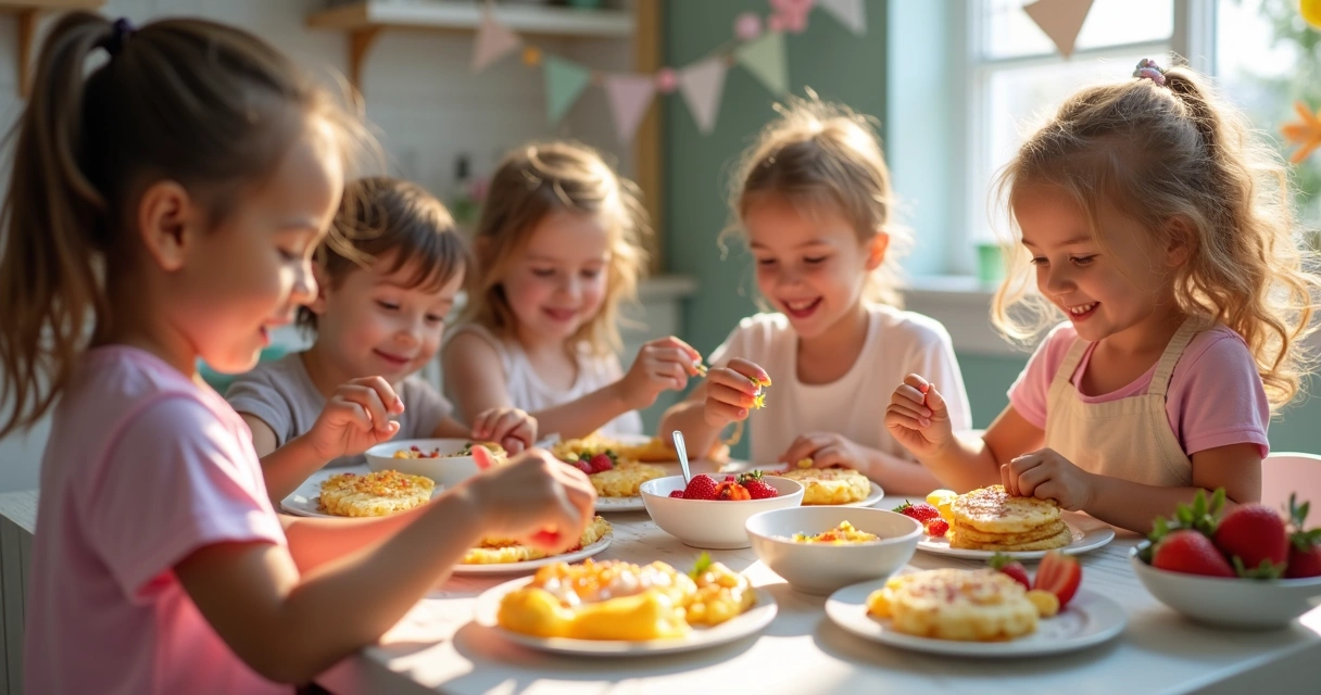 Crianças sorrindo ao redor da mesa preparando lanches de festa 