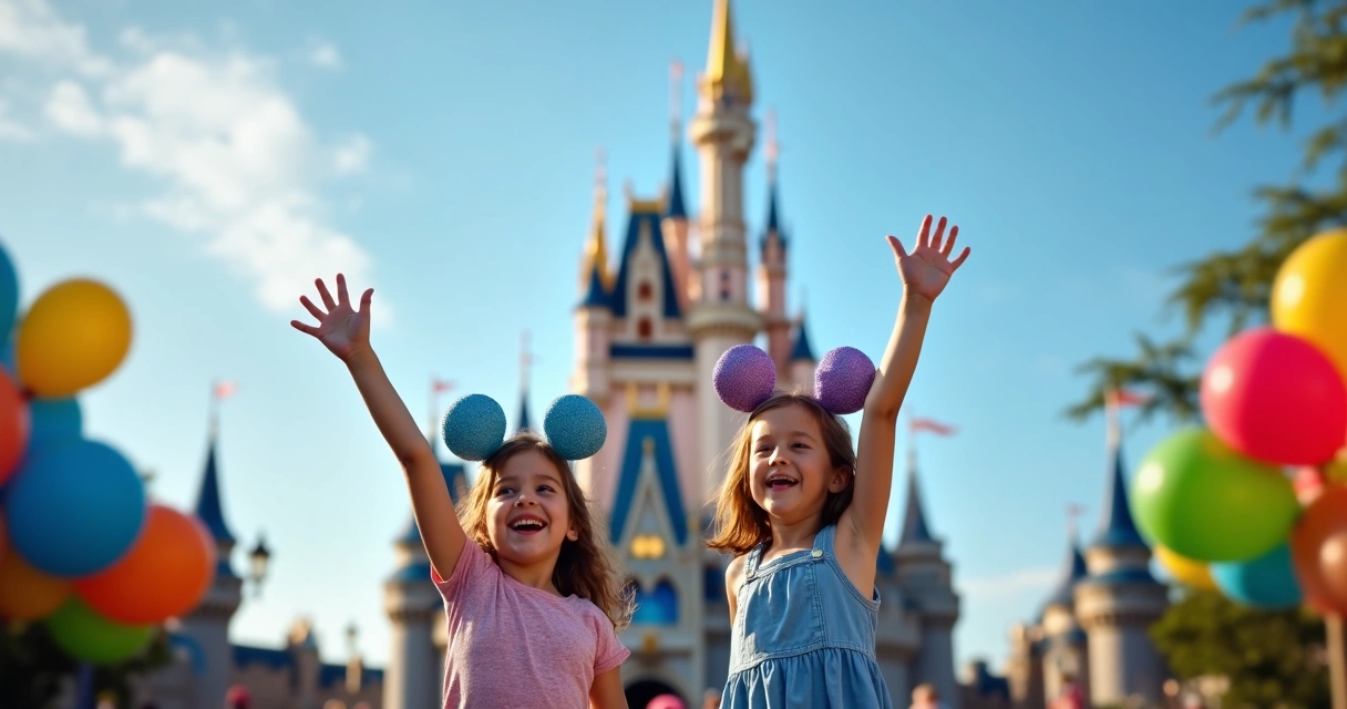 Crianças pequenas sorrindo em frente ao castelo da Disney em dia ensolarado 