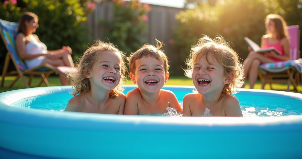 Crianças brincando felizes em piscina de quintal no verão