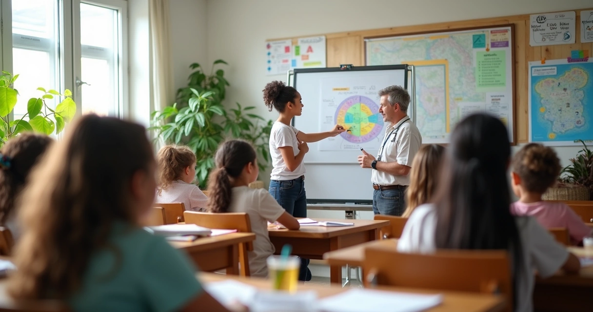Crianças em sala de aula aprendendo com a professora 