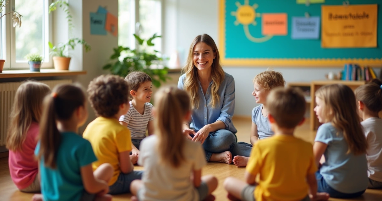 Crianças sentadas em círculo com professora em uma sala iluminada 