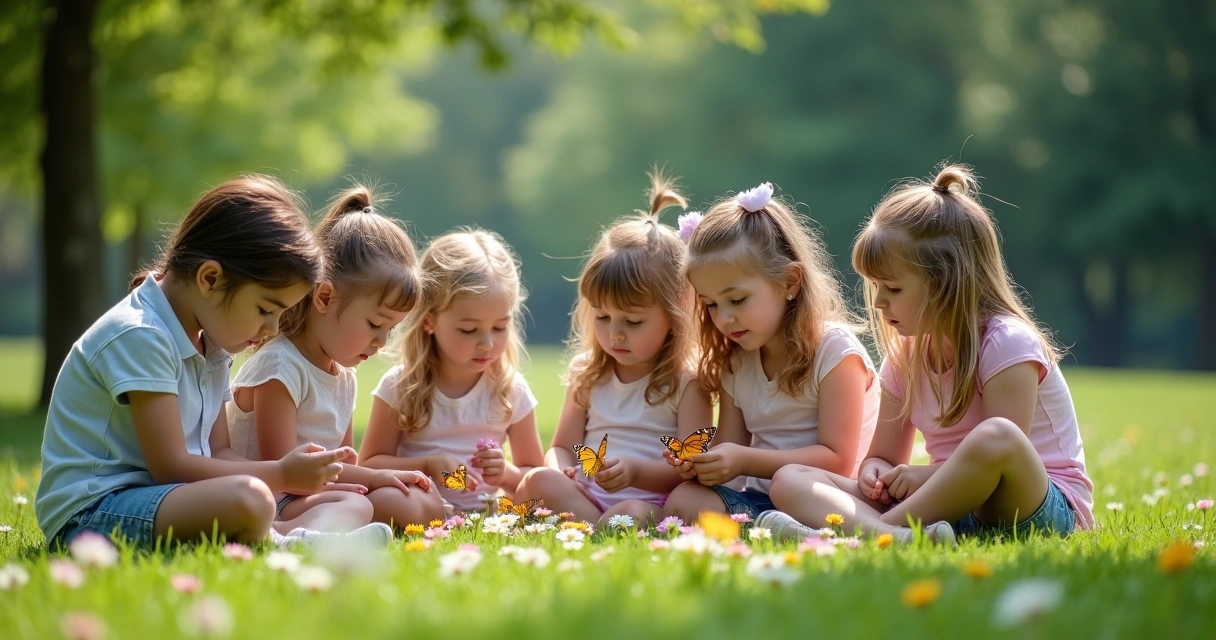 Crianças sentadas na grama, observando a natureza ao redor 