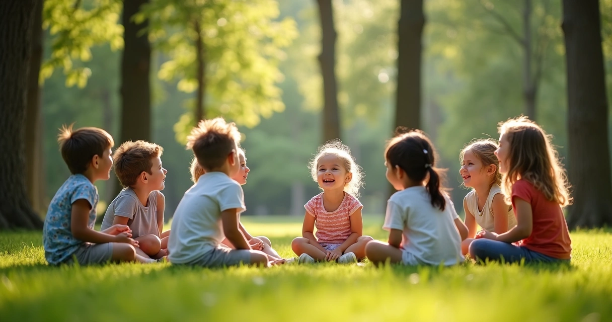 Crianças sentadas em círculo na grama, conversando e sorrindo, árvores ao fundo. 