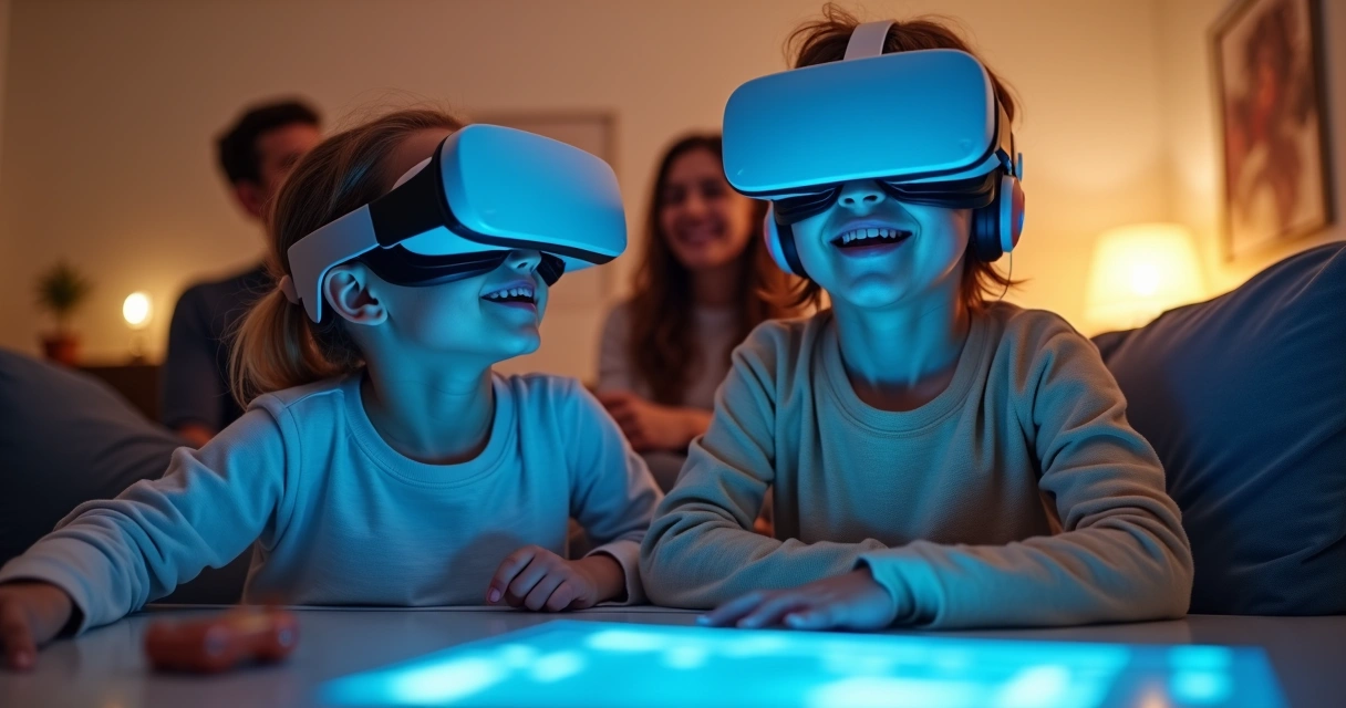 Crianças usando óculos de realidade virtual em uma sala de estar moderna