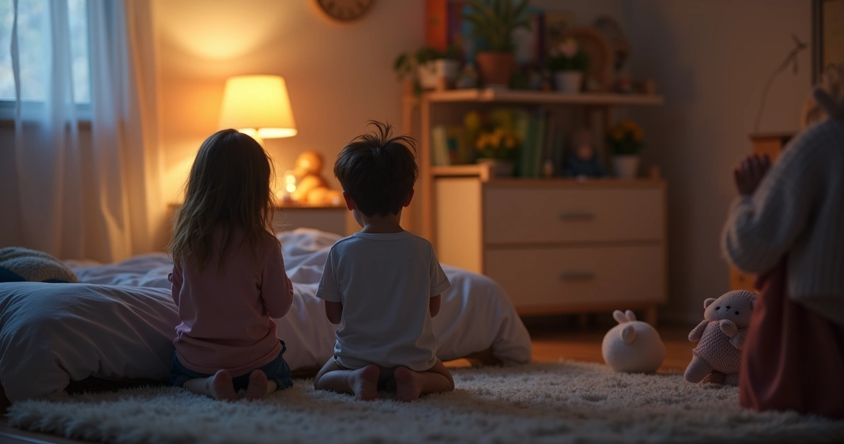 Crianças ajoelhadas orando juntas ao lado da cama à noite