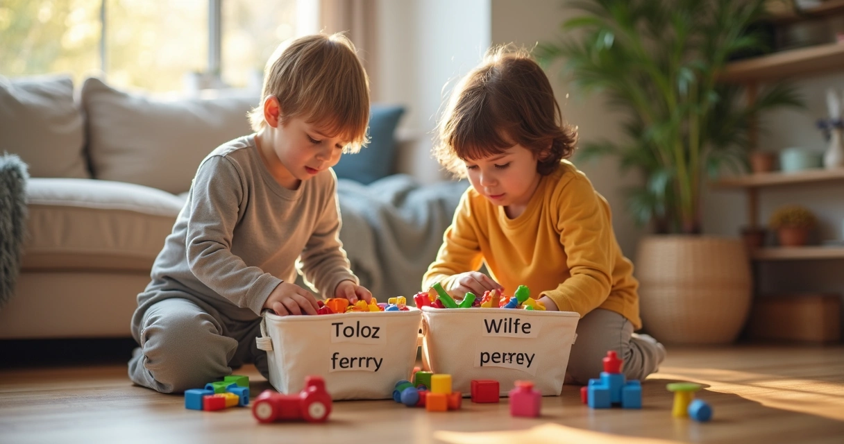 Crianças guardando brinquedos em cestos no chão de uma sala