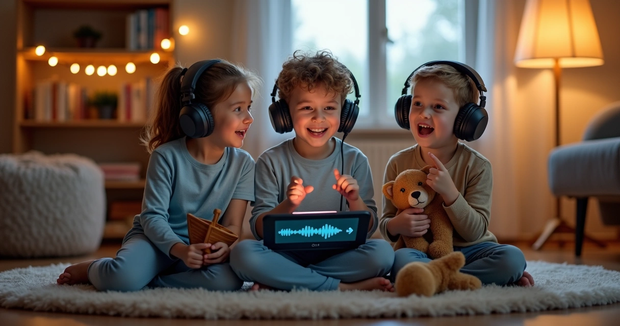 Crianças ouvindo história bíblica em áudio em sala aconchegante 