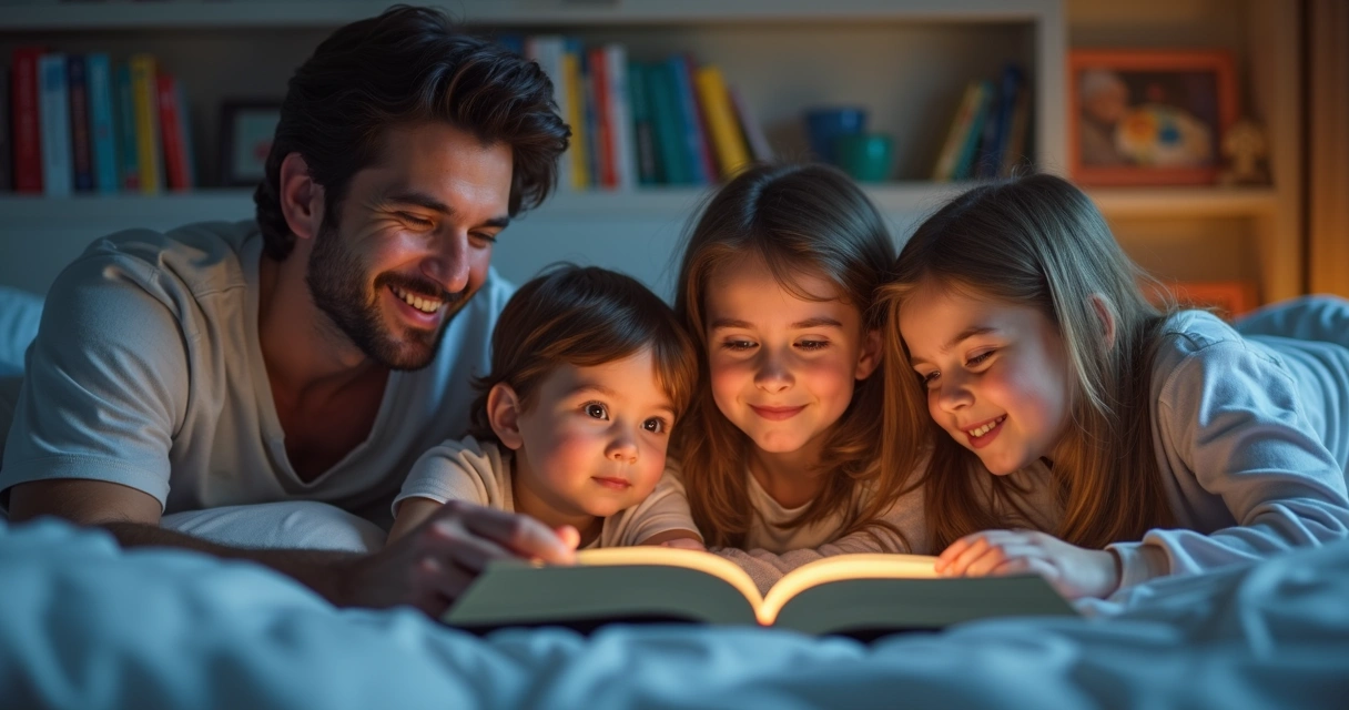 Crianças ouvindo história com pais na cama antes de dormir