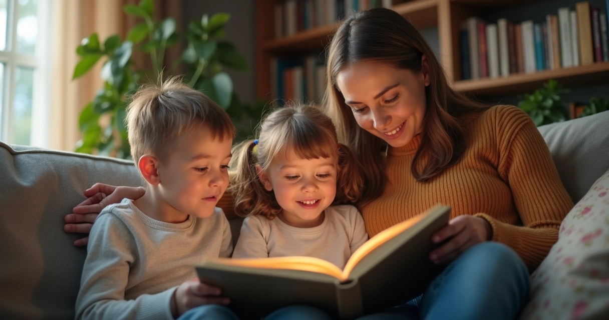 Crianças e pais sentados juntos lendo um livro em sala de estar aconchegante