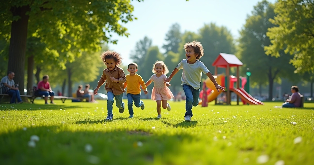 Crianças brincando em parque durante a tarde 