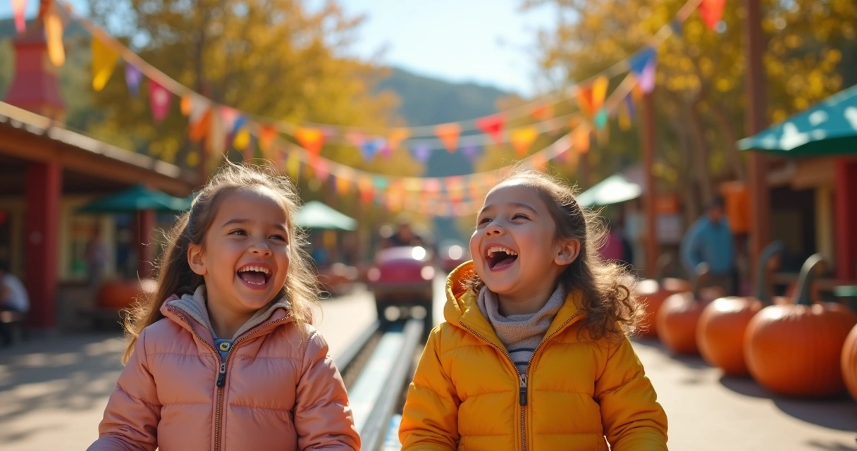 Crianças sorrindo em parque temático. 