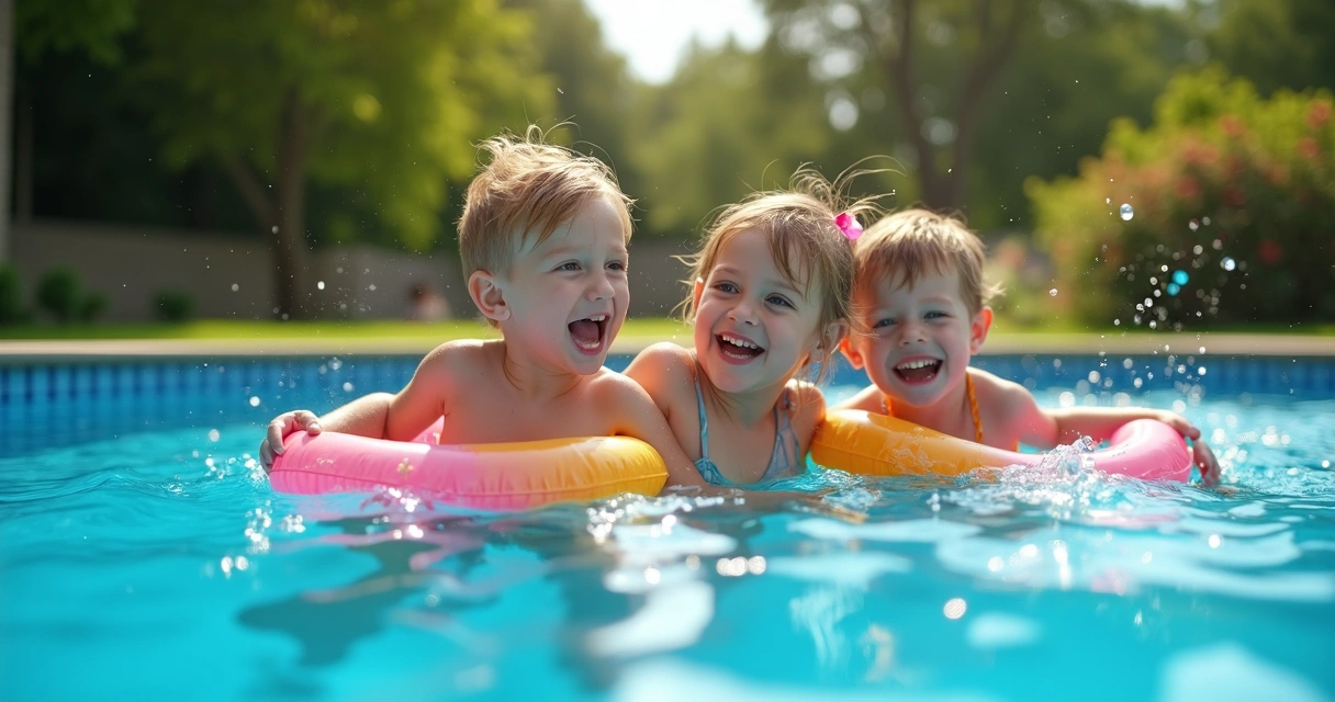 Crianças brincando em piscina sob sol de verão 