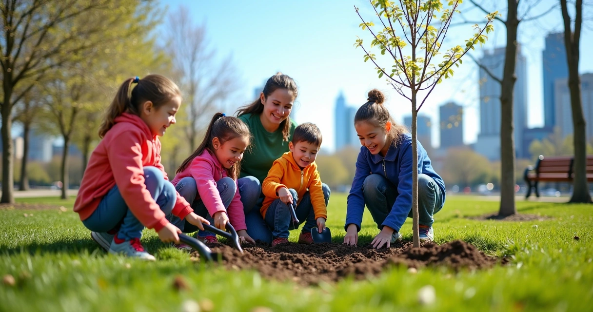 Crianças plantando mudas de árvores em parque urbano 