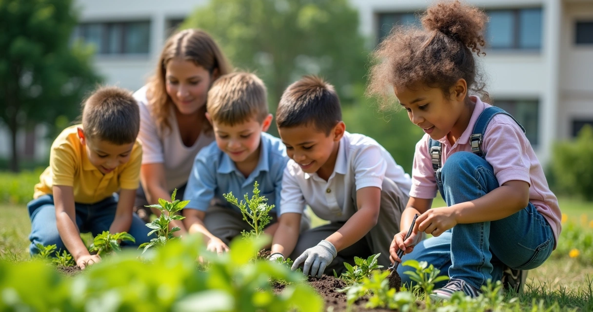 Crianças plantando no jardim escolar em atividade de cidadania 