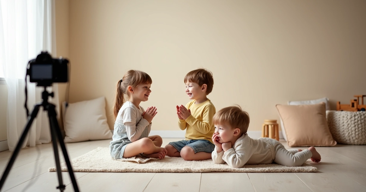 Crianças pequenas posando de forma natural em estúdio fotográfico claro 