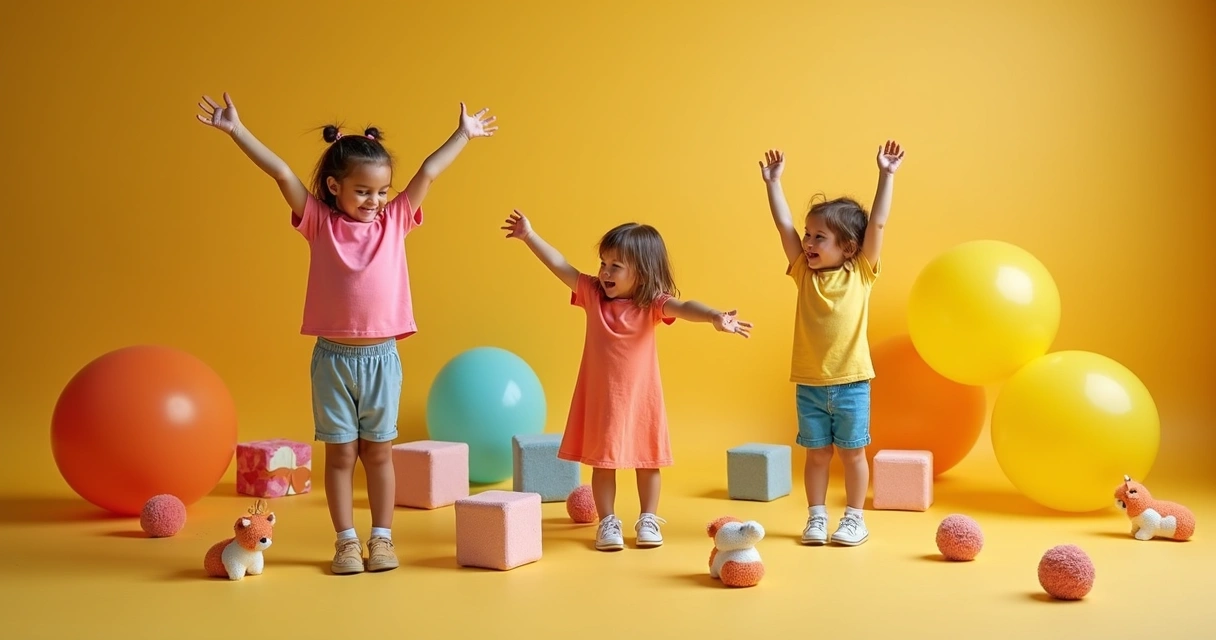 Crianças brincando e posando de forma espontânea em estúdio fotográfico colorido