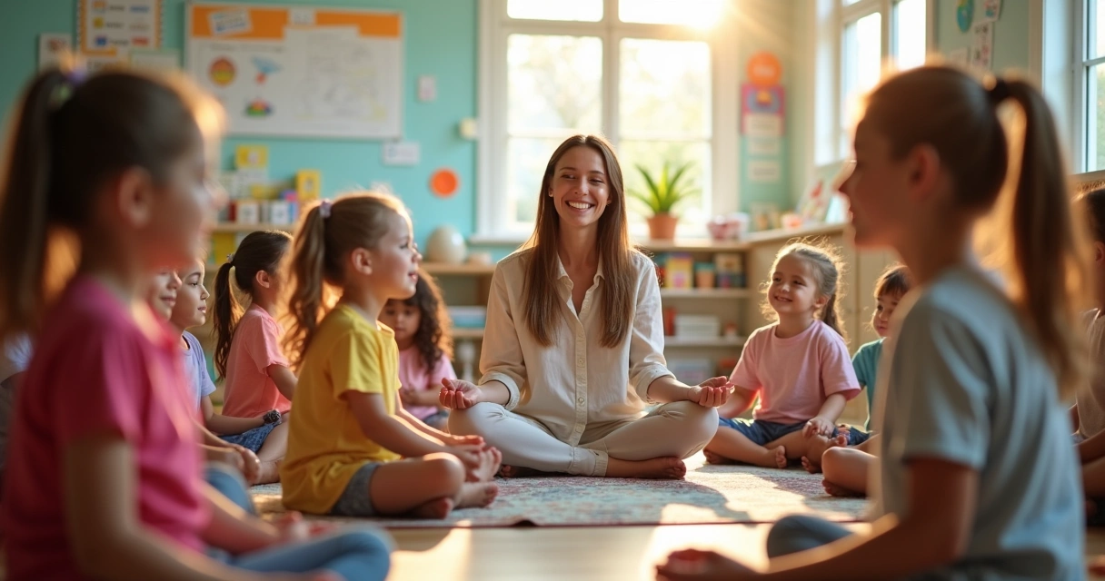 Crianças sentadas em círculo em sala escolar praticando meditação 