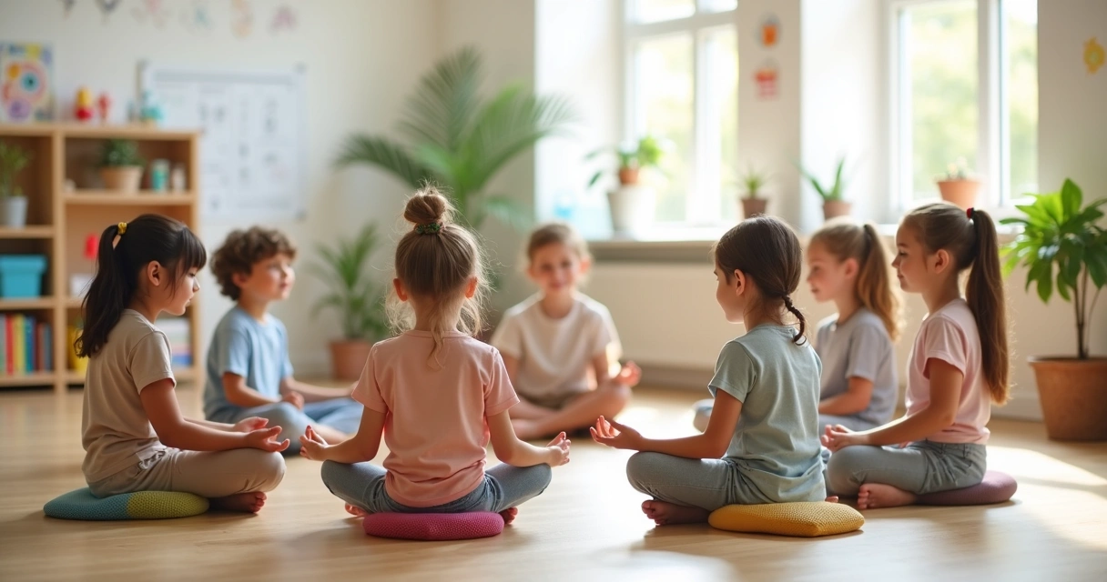 Crianças sentadas em círculo praticando mindfulness com uma professora em sala de aula clara 