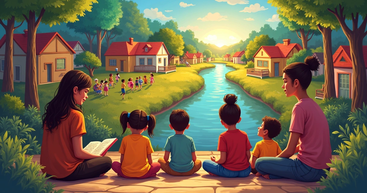 Crianças sentadas em círculo ouvindo história contada em mural 