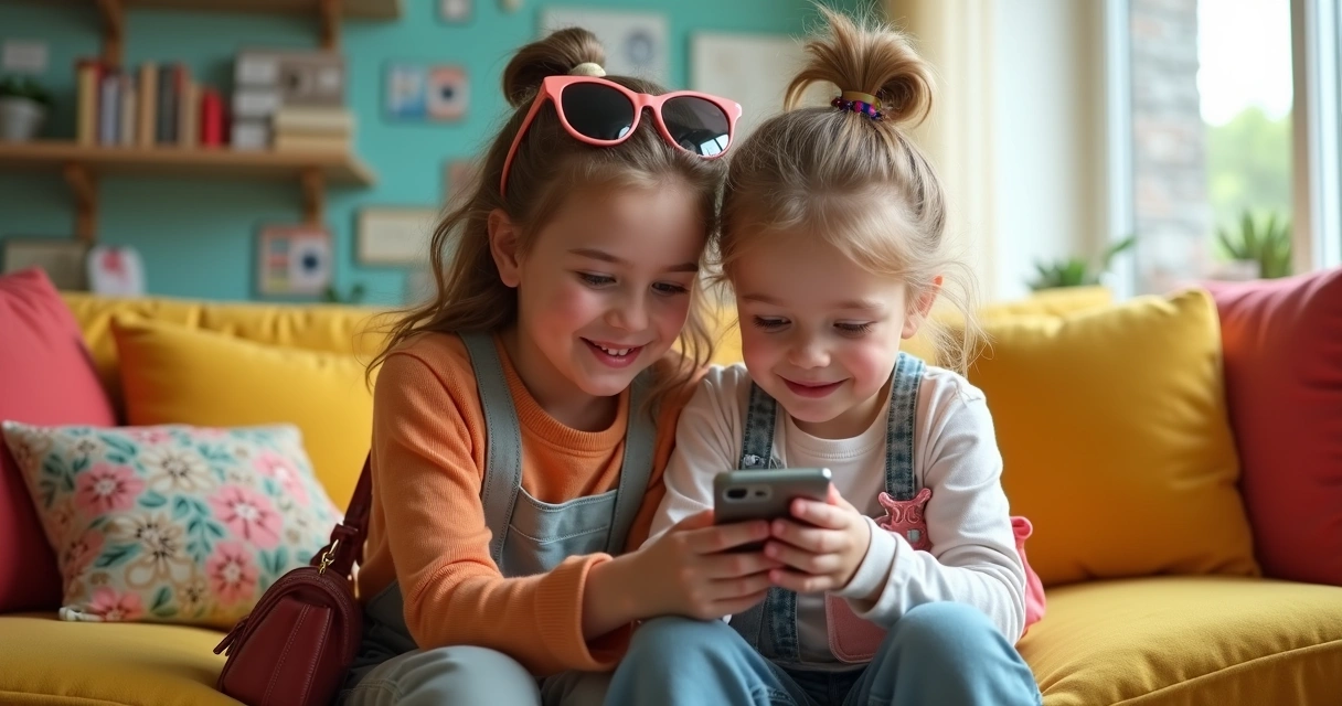 Crianças usando celular, vestidas com roupas de adultos, em ambiente de redes sociais 