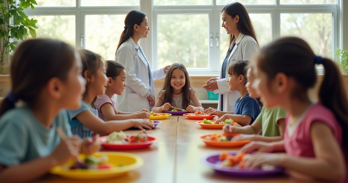 Crianças comendo refeição saudável em refeitório escolar 