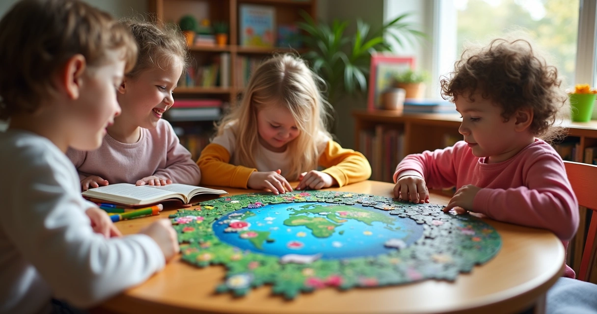 Crianças montando quebra-cabeça com céu estrelado e elementos bíblicos 