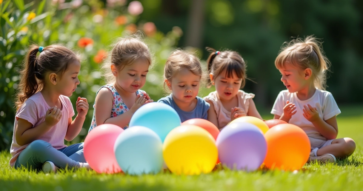 Crianças no jardim praticando respiração com balões coloridos 