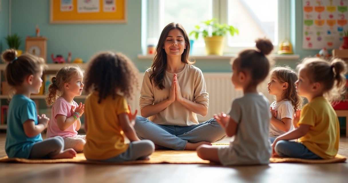 Grupo de crianças sentadas em roda praticando mindfulness em ambiente escolar. 