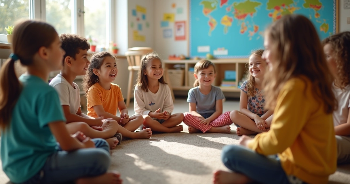 Crianças conversando em sala de aula, sentadas em círculo 