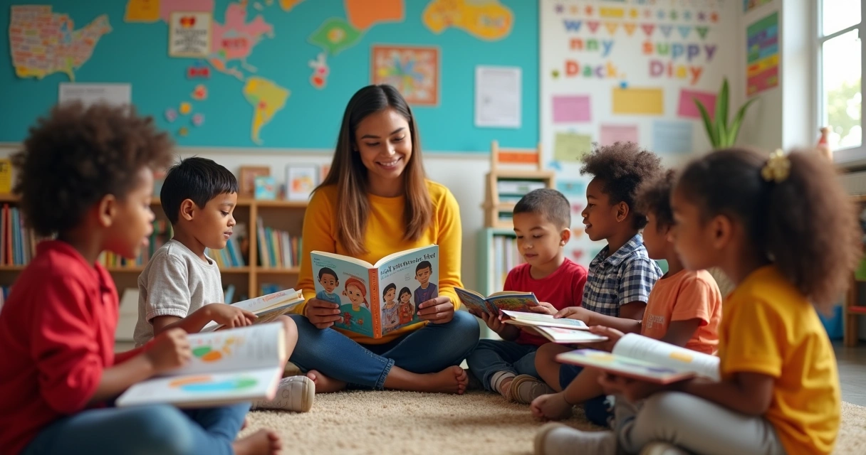 Grupo de crianças de diferentes tons de pele sentadas em roda na sala de aula com livros variados 