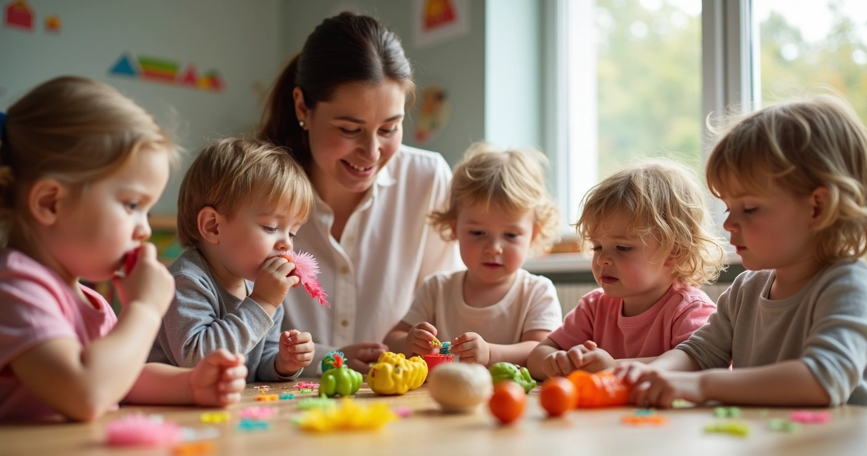 Crianças explorando sentidos com objetos coloridos