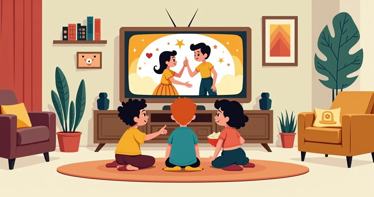 Crianças assistindo série clássica em sala colorida enquanto aprendem valores 