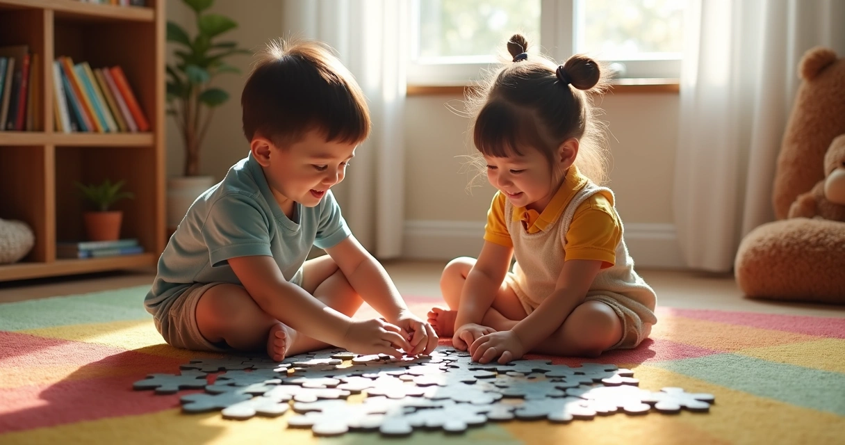 Crianças organizando peças de quebra-cabeça em casa 