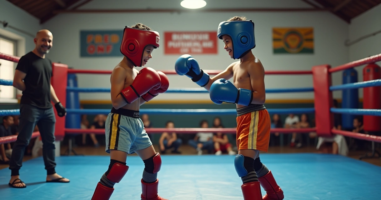 Crianças praticando sparring de Muay Thai no ringue 