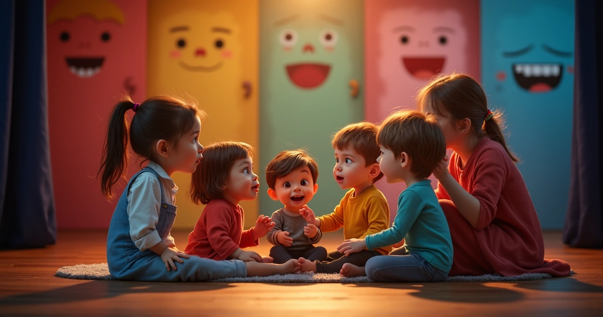 Crianças fazem teatrinho com bonecos sobre emoções 