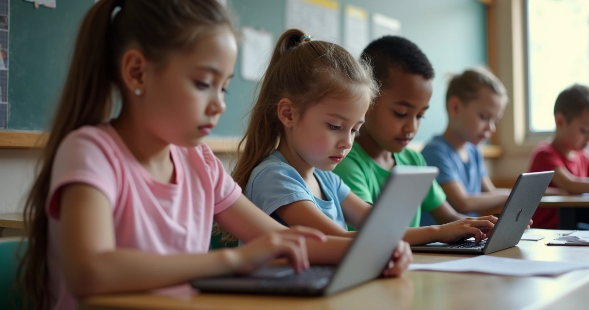 Crianças em sala de aula usando tablets e notebooks para atividades educacionais digitais 