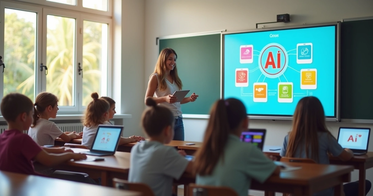 Crianças usando tablets em sala de aula, professora ao fundo 