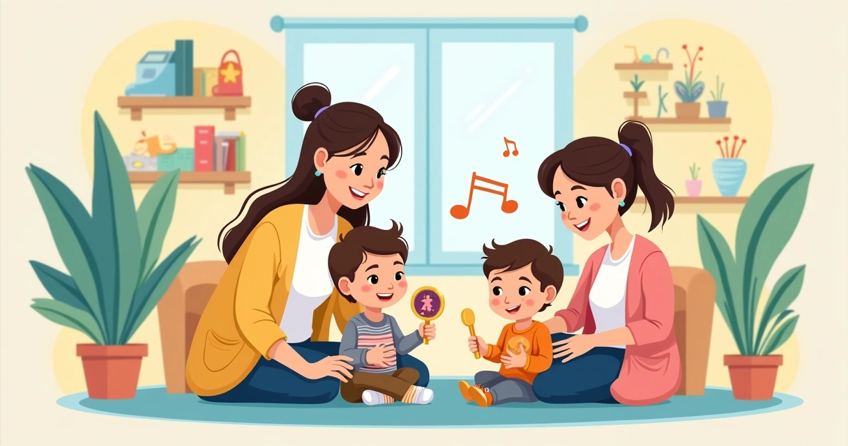 Crianças e terapeuta tocam instrumentos musicais juntos em clínica 