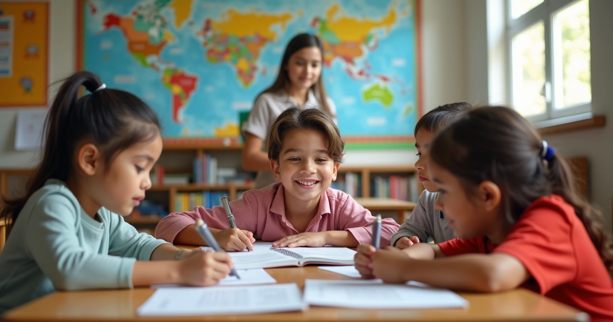 Crianças interagindo em projeto bilíngue em sala de aula