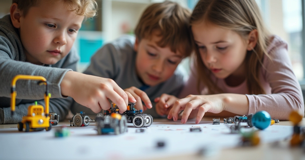 Crianças montando robô juntas em sala de aula 