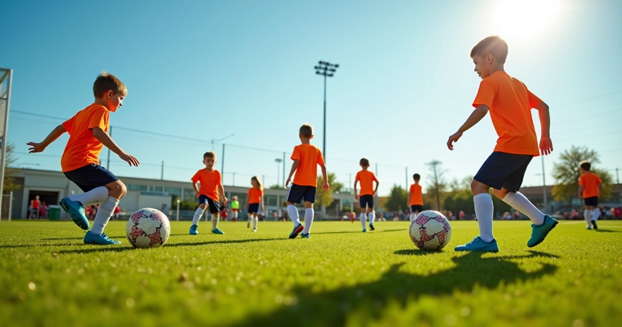 Crianças treinando futebol em campo de grama 