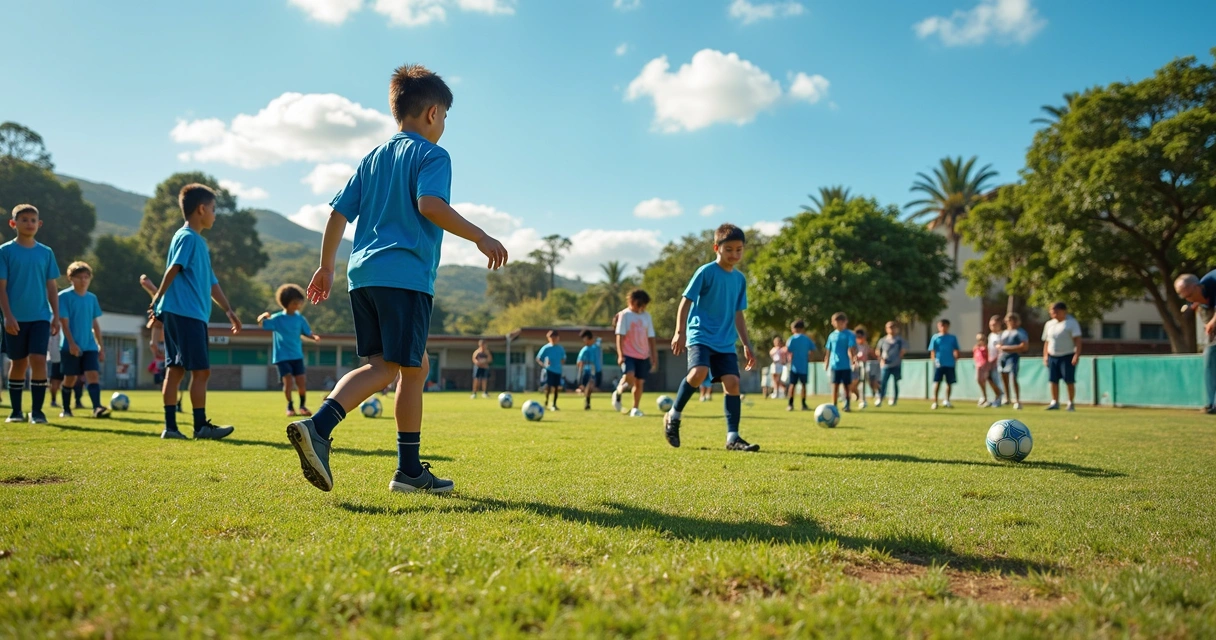 Alunos treinando em campo de futebol 