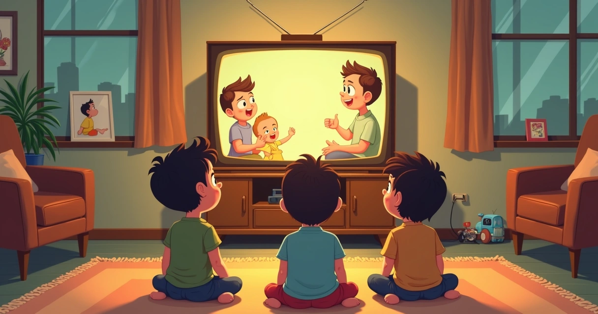 Crianças sentadas no tapete assistindo desenho animado antigo na TV 