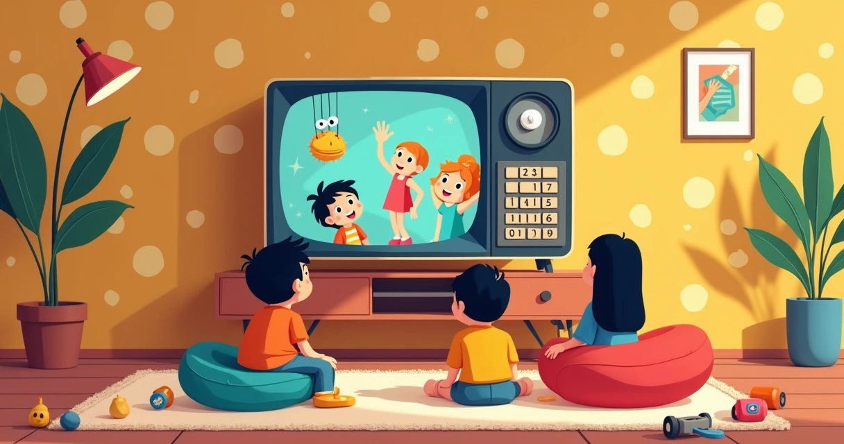Crianças assistindo programação infantil em TV retrô dos anos 70 