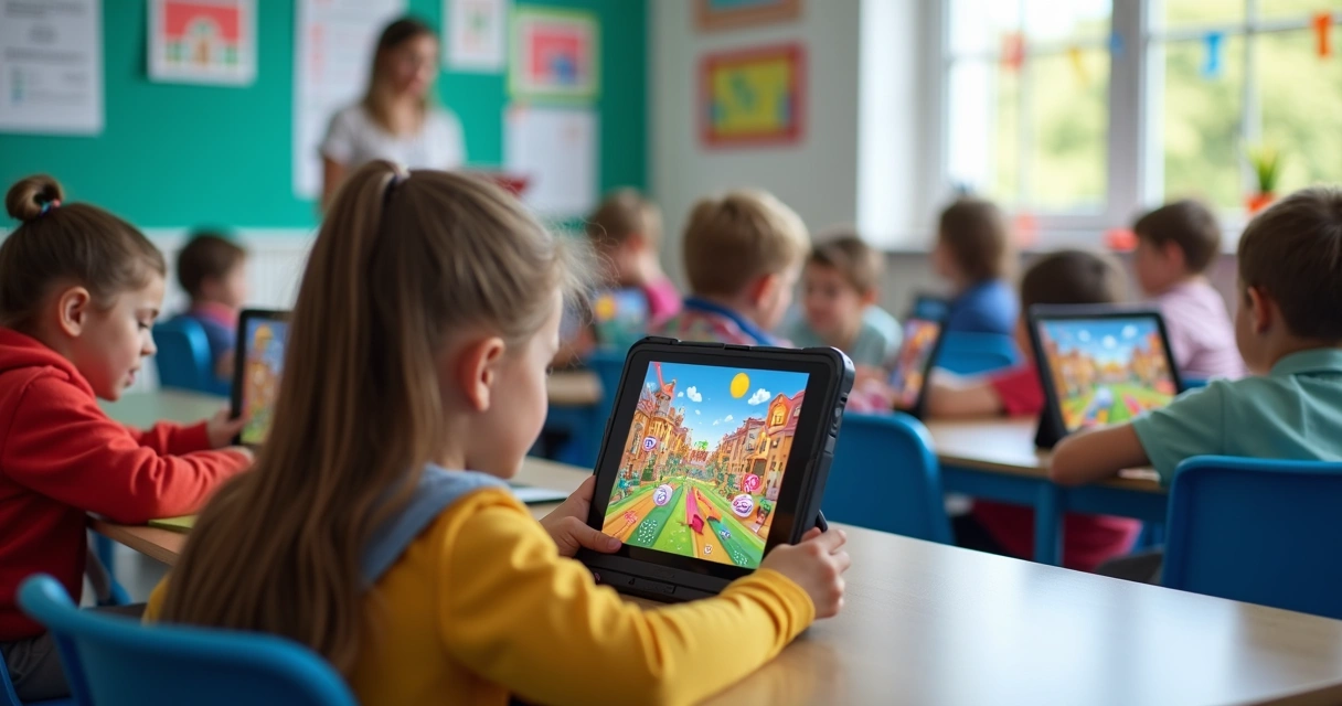 Alunos do 1º ano usando tablets educativos na sala de aula 